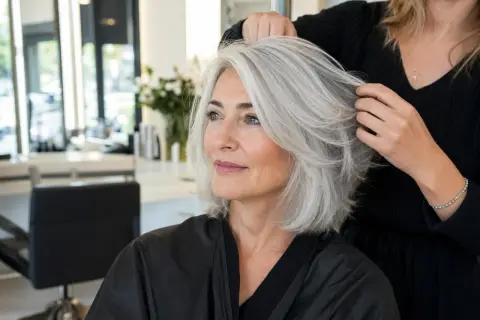 Une femme aux cheveux gris argentés, une couleur qui ne prend pas sur cheveux blancs, est coiffée dans un salon de beauté.