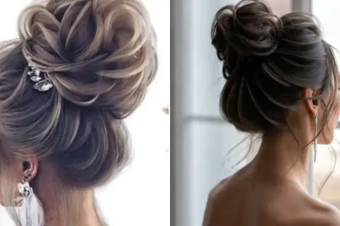 Deux coiffures élégantes : un chignon haut flou orné d'une épingle à cheveux scintillante et un autre chignon haut flou, plus simple, sur une femme regardant par la fenêtre.