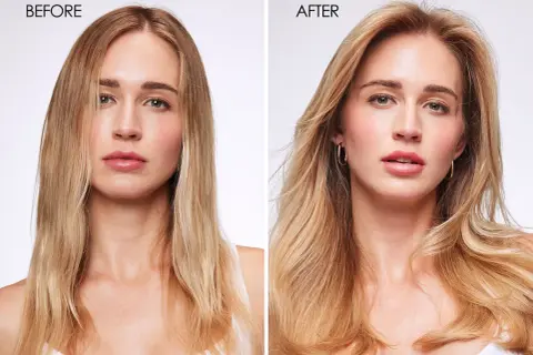 Avant/après : une femme aux cheveux blonds fins avant, et après, ses cheveux sont visiblement plus volumineux et épais. Une transformation pour savoir comment épaissir cheveux.