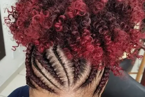 Tresses collées sur le cuir chevelu, contrastant avec une chevelure bouclée rouge et noire.