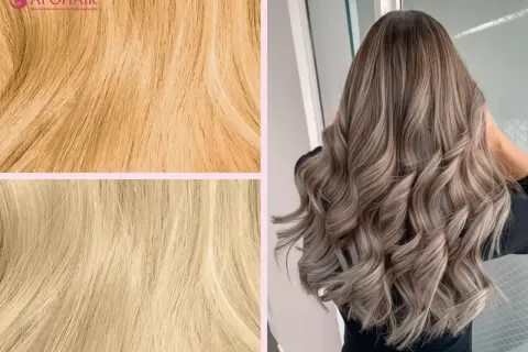 Chevelure ondulée aux reflets blonds cendrés, évoquant une patine L'Oréal, avec des échantillons de mèches blondes.