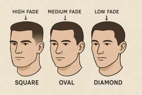 Trois visages masculins illustrent les dégradés tendance : high, medium et low fade, adaptés aux formes de visage carrée, ovale et diamant.