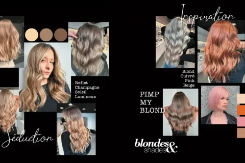 Collage de photos de cheveux blonds aux reflets variés, allant du champagne au cuivré, avec des échantillons de couleurs.