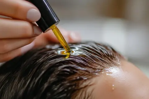 Une main applique de l'huile sur les cheveux, montrant comment mettre de l'huile sur les cheveux pour un soin nourrissant.