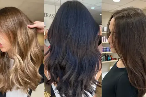 Trois femmes aux cheveux longs et soyeux. Une blonde avec des reflets subtils, une brune intense et une châtain aux nuances naturelles.