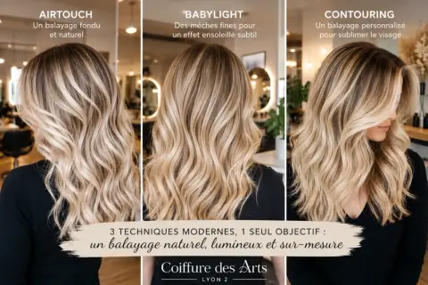 Trois femmes arborent des balayages blonds variés : AirTouch naturel, Babylight subtil, et Contouring personnalisé. Un look lumineux pour chaque femme.