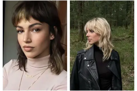 Deux femmes arborent une coupe wolf femme tendance, l'une avec des mèches blondes, l'autre en extérieur avec un blouson en cuir.