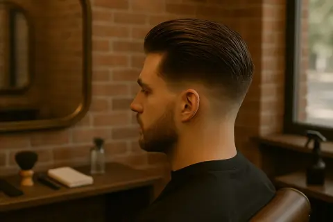 Homme avec cheveux sur le côté, coiffure dégradée et soignée, dans un salon de coiffure au style rétro.