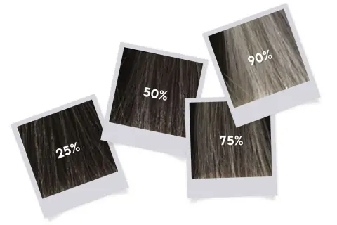 Quatre photos de mèches de cheveux montrent des pourcentages : 25%, 50%, 75%, 90%. Idéal pour le temps de pause Inoa.