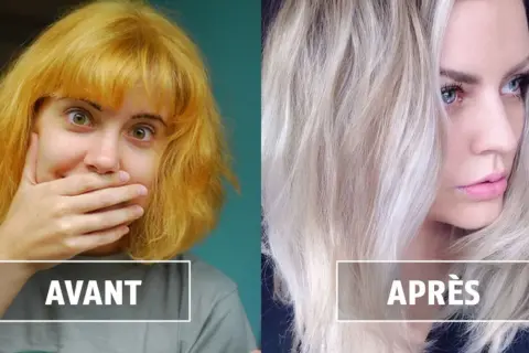 Avant/après : cheveux jaunes orangés transformés en blond platine grâce à un shampoing violet.