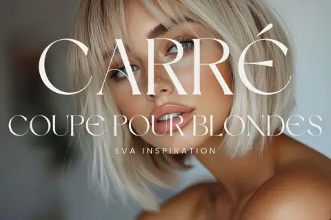 Portrait d'une femme aux cheveux blonds méchés, avec le texte "Carré Coupe pour Blondes".