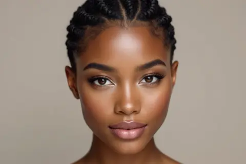 Visage d'une jeune femme à la peau foncée, maquillage subtil, et une tresse cheveux très court sur le dessus de la tête.