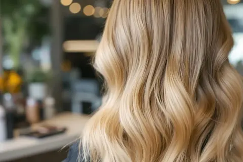Chevelure blonde avec des mèches foncées subtiles, créant un effet naturel et lumineux.