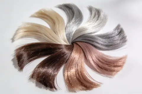 Échantillons de cheveux aux teintes variées, du brun au blond platine, disposés en éventail. Un fond d'éclaircissement subtil met en valeur les reflets chatoyants.