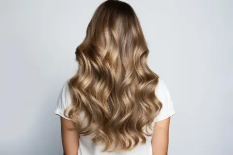 Chevelure ondulée aux reflets blonds, avec des racines subtilement éclaircir ses racines avec une patine pour un effet naturel et lumineux.