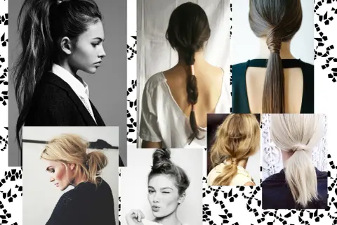 Collage de coiffures : queues de cheval hautes et basses, chignons, tresses. Une belle coiffure facile pour tous les styles.