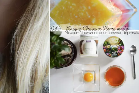 Cheveux blonds soyeux, ingrédients pour le meilleur masque cheveux secs et abîmés maison : huile de coco, beurre de karité, œuf.