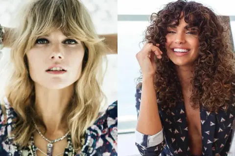 Deux femmes, l'une avec une coiffure shaggy blonde et l'autre avec des boucles brunes, sourient.