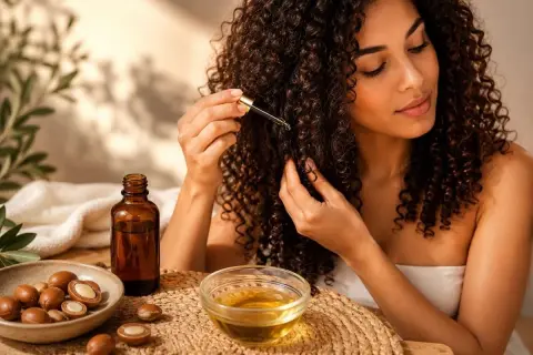 Une femme applique de l'huile d'argan sur ses cheveux bouclés. Des amandes d'argan et une fiole d'huile sont visibles.