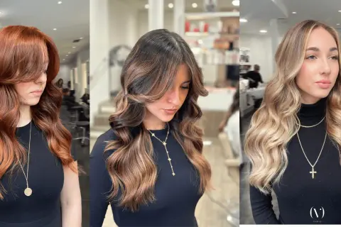 Trois femmes arborent des chevelures magnifiques : un carré flou wavy roux, un carré flou wavy brun avec reflets, et un carré flou wavy blond.