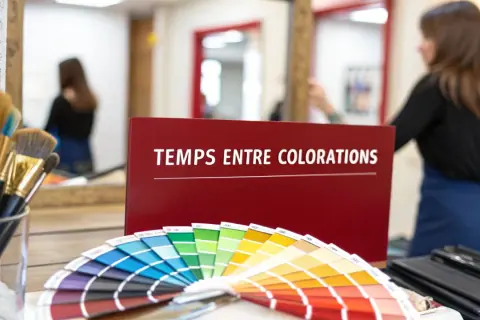 Un éventail de couleurs de cheveux et un panneau "Temps entre colorations sans ammoniaque" dans un salon de coiffure.