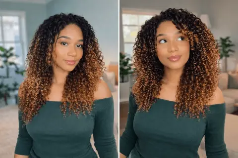 Une femme aux cheveux bouclés et dégradés, une coiffure qui tient plusieurs jours, souriant.