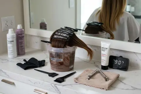Préparation pour une coloration. On voit des produits capillaires, des pinceaux, des pinces et un mannequin de chevelure. Peut-on mélanger de l'oxydant 10 et 20 ?