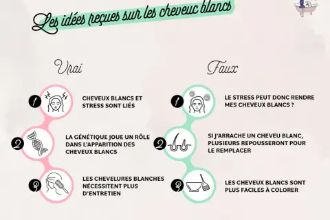 Infographie sur les idées reçues sur les cheveux blancs. Le point 9 sous "Faux" indique que la coloration favorise les cheveux blancs, ce qui est faux.