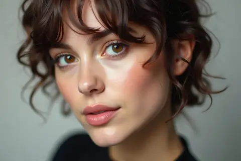 Visage de jeune femme aux cheveux bruns ondulés, coiffés en un léger **comb over** sur le front.