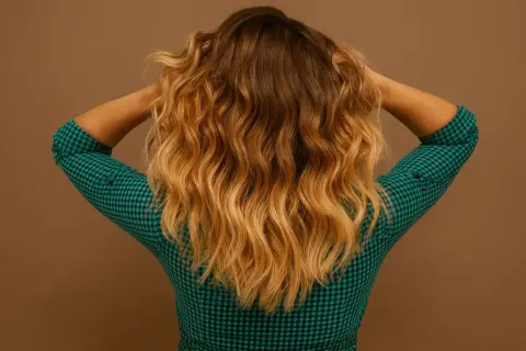 Cheveux ondulés, longs et blonds, avec une chemise verte à carreaux. Quelle routine pour cheveux ondulés ?