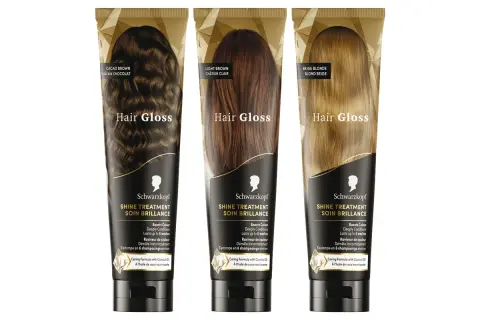 Trois tubes de "Hair Gloss" Schwarzkopf : brun cacao, châtain clair et blond beige. Pour une patine gloss éclatante et des cheveux soignés.