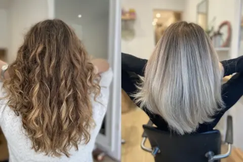 Avant/après : cheveux bouclés châtains transformés en lissés blonds. Un changement radical pour un nouveau look. Le prix patine coiffeur est justifié par ce résultat.