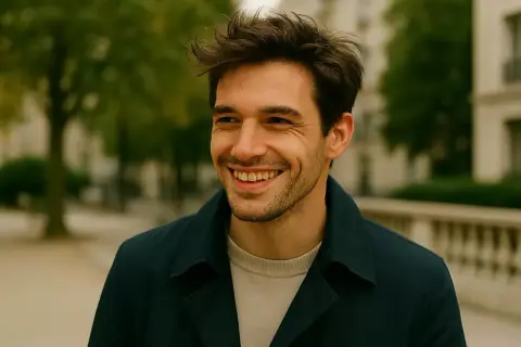 Un homme souriant arbore une coupe coiffé décoiffé homme, décontractée et moderne, dans un cadre urbain verdoyant.