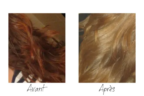 Avant : cheveux roux flamboyants. Après : une transformation réussie pour passer du roux au blond cendré, plus doux et lumineux.