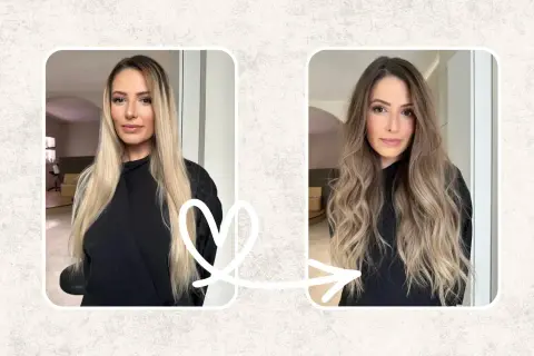 Avant/après : balayage subtil pour cacher les cheveux blancs sur une brune, apportant profondeur et lumière.