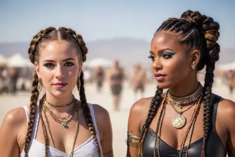 Deux femmes aux coiffures de festival audacieuses, ornées de tresses complexes et de bijoux ethniques, posent sous un ciel ensoleillé.