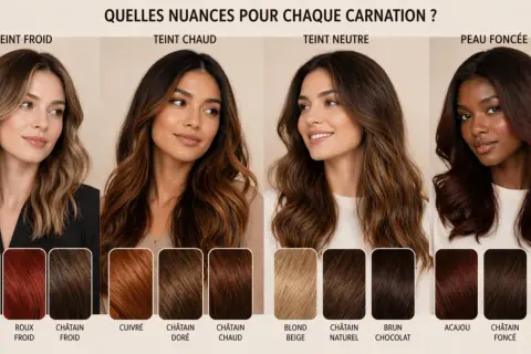 Guide de colorimétrie cheveux : 4 carnations (froide, chaude, neutre, foncée) avec des exemples de teintes capillaires pour chaque type de peau.