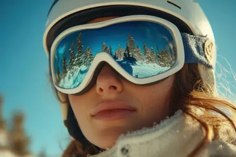 Reflet des sapins enneigés dans les lunettes d'une skieuse. Une coiffure pour le ski parfaite pour admirer le paysage.