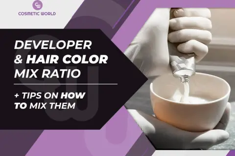 Mélange de coloration et de révélateur. Mains gantées versant le révélateur dans un bol pour le mélange. Le bon dosage révélateur coloration est essentiel.