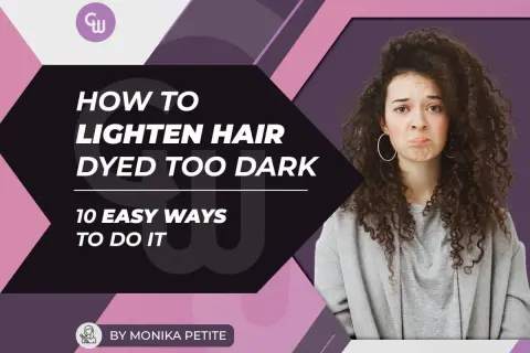 Une jeune femme aux cheveux bouclés fait la moue, visiblement contrariée par sa coloration. Le titre indique comment éclaircir ses cheveux colorés.