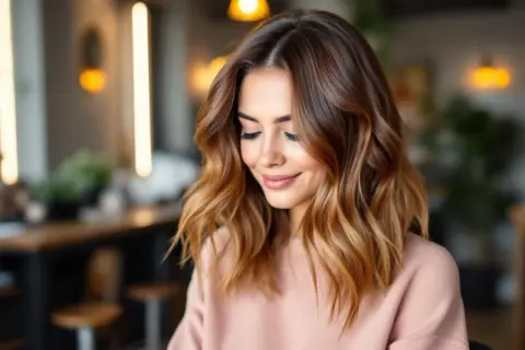 Une femme souriante avec une belle coloration sans effet racine, ses cheveux châtain clair se fondent harmonieusement en reflets miel.