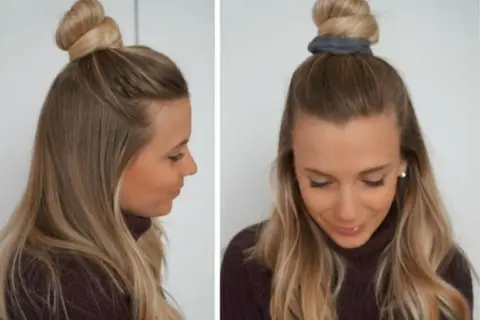 Coiffure facile à faire seule : un chignon double sur le dessus de la tête, avec les cheveux mi-longs lâchés.