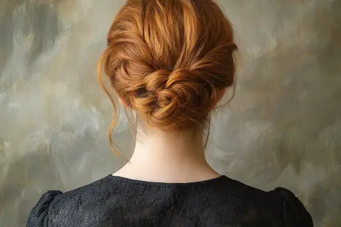 Un chignon cheveux bouclés roux, tressé avec élégance, orne la nuque d'une femme portant une robe noire en dentelle.