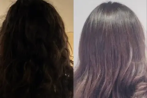 Avant/après : cheveux ternes et frisés transformés en une chevelure lisse et brillante grâce au soin botox cheveux.