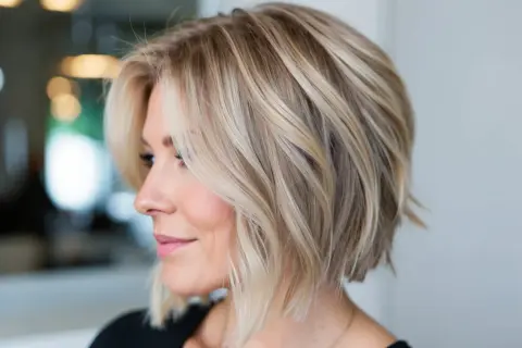Une femme arbore un balayage cheveux court, avec des mèches blondes et châtain clair qui illuminent sa coupe dégradée.
