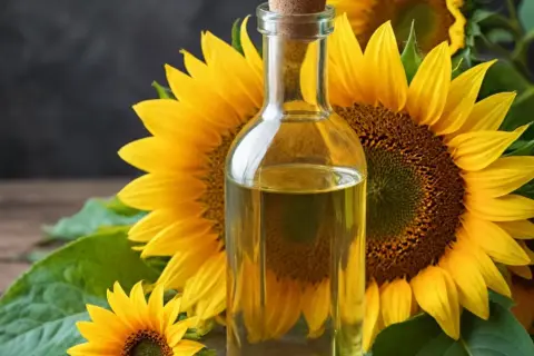 Bouteille d'huile de tournesol dorée, entourée de tournesols éclatants. Un ingrédient naturel pour des cheveux brillants et nourris.