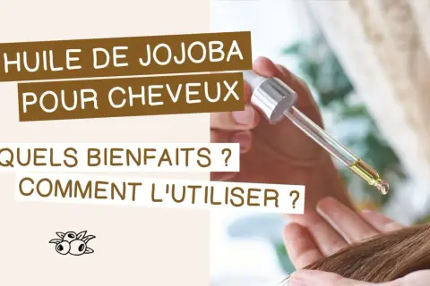 Goutte d'huile de jojoba cheveux tombant d'une pipette sur une mèche. Découvrez ses bienfaits et comment l'utiliser.
