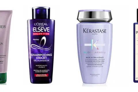 Trois flacons de shampoing violet ou bleu pour cheveux blonds, méchés ou blancs.