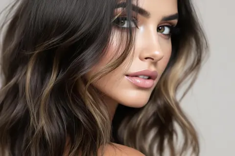 Magnifique femme aux cheveux noirs avec un balayage subtil, mettant en valeur des mèches blondes et châtain.