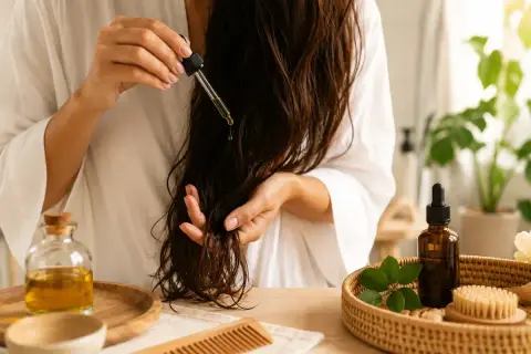 Application d'un sérum capillaire pour une recette bain d'huile cheveux pousse. Huiles naturelles et peigne en bois.
